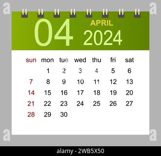 April 2024. Vektor-Monatskalendervorlage 2024 Jahre im einfachen Stil für das Vorlagendesign. Die Woche beginnt am Sonntag. Stock Vektor