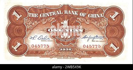 1 Yuan (Chung Hwa Book Co. Ltd Ausgabe), Zentralbank von China (1936) 02. Stockfoto