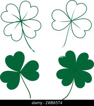 Umrissenes und farbiges Baumblatt und vierblättriges Kleeblatt in trendigem Grün. St. Patrick Begrüßungselement. Isolieren. EPS. Vektordesign-Konzept für Aufkleber, Symbole, Zeiger oder Poster, Banner, Broschüren oder Web Stock Vektor
