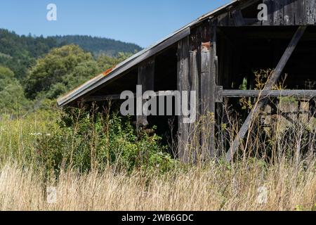 Seite einer verwitterten ländlichen Scheune in landwirtschaftlichem Gebiet in Nordkalifornien Stockfoto