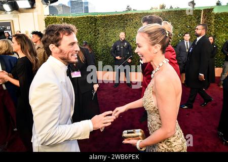 Beverly Hills, Usa. Januar 2024. Sam Claflin und Emily Blunt bei den 81. Golden Globe Awards im Beverly Hilton Hotel am 7. Januar 2024 in Beverly Hills, Kalifornien. Quelle: PMC/Alamy Live News Stockfoto