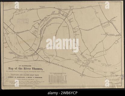 1869 eine illustrierte Karte der Themse, erstellt von Ordnance Survey, zeigt den genauen Verlauf des Harvard and Oxford Boat Race, Putney to Mortlake, 4 Meilen, 2 furlongs, von Augustus D. White, aus dem Digital Comm - Commonwe. Stockfoto