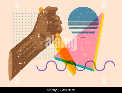 Risograph Küchenmesser in der Hand mit geometrischen Formen. Gruseliges Mörderobjekt im trendigen Riso-Grafik-Design mit Geometrieelementen. Stock Vektor