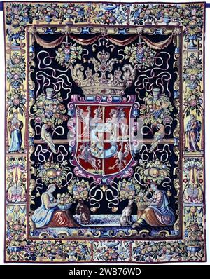 Flanderner Wandteppich mit dem Wappen von Anna Katharina Konstanz Vasa. Stockfoto