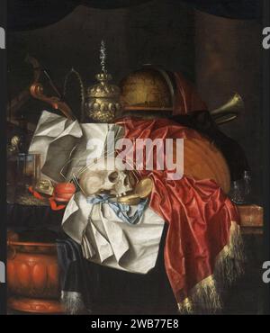 Franciscus Gijsbrechts - Vanitas Stillleben mit einem Schädel, einer goldenen Taschenuhr, einem Sanduhr, einer Kugel, Musikinstrumenten, Kerzenleuchter, eine goldene Tazza und ein offenes Buch auf einem teilweise drapierten Tisch. Stockfoto