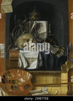 Franciscus Gijsbrechts - Trompe l'oeil eines Vanitas-Stilllebens mit Warch, Raucher- und Malermaterial. Stockfoto