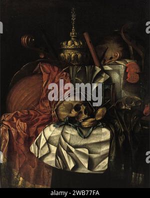 Franciscus Gijsbrechts - Vanitas Stillleben mit einem Schädel, einer goldenen Taschenuhr, einem Sanduhr, einer Globus, Musikinstrumenten, einer goldenen „Tazza“ und einem offenen Buch auf einem teilweise drapierten Tisch. Stockfoto