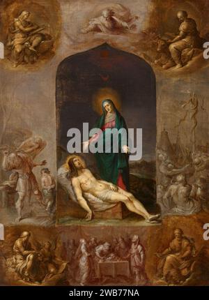 Frans Francken - Pietà umgeben von Grisailles der vier Evangelisten und Szenen aus dem Alten Testament. Stockfoto