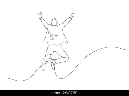 Glücklicher Geschäftsmann in der Luft springend erfolgreich und Freiheitskonzept kontinuierliche Linienzeichnung Stock Vektor