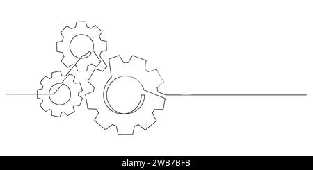 Zahnräder durchgehende einzeilige Zeichnung Minimalismus Maschinenbau Konzept dünne Linie Illustration Stock Vektor