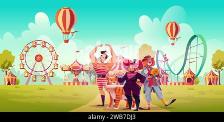 Retro-Zirkusdarsteller im Freizeitpark. Vektor-Karikaturillustration von Clown, weiblicher Bändiger mit Tiger und starken Mann in Vintage-Kostümen, die Gäste zu einladen Stock Vektor