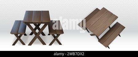 Holztisch zum Picknicken mit Bänken an den Seiten. Realistische 3D-Vektor-Illustration Set von Gartenmöbeln aus dunklem Holz für Grill oder Mittagessen im Freien Stock Vektor