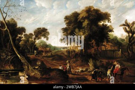 Pieter van der Hulst (II) - weitläufige Landschaft mit vielen Figuren, die durch ein Dorf ziehen. Stockfoto