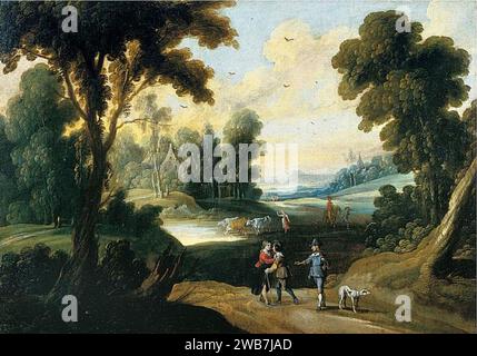 Pieter van der Hulst (II) - Landschaft mit Reisenden auf einem Pfad und einer Herde von Kühen in der Ferne. Stockfoto