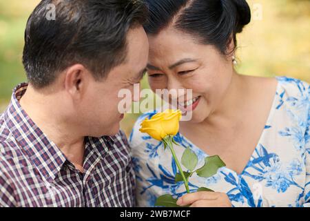 Porträt eines glücklichen, verliebten vietnamesischen Ehepaares, der sich ansieht Stockfoto