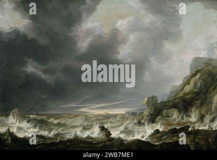 Schiff in Seenot vor einer Rocky Coast. Stockfoto