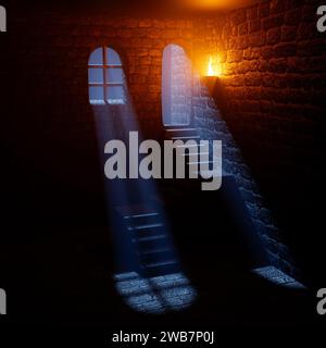 In einem alten Steinschloss bei Nacht im Mondschein. Stockfoto