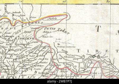 „TIBET“ „PETIT TIBET“ (Little Tibet) „KASHMIR“ „PENGAB“ (Punjab) Kartendetails aus- 1770 Bonne Karte von Nordindien, Burma und Pakistan - Geographicus - IndiaNorth-bonne-1770 (zugeschnitten). Stockfoto