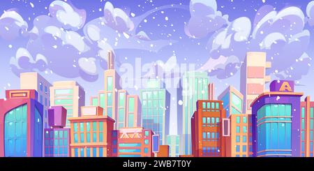 Schnee in der modernen Stadt. Vektor-Cartoon-Illustration von Schnee, der vom bewölkten Himmel auf Wolkenkratzer fällt, Hochhaus Büro- und Wohngebäude mit vielen Fenstern, schneebedeckte Stadtlandschaft, Downtown District Stock Vektor
