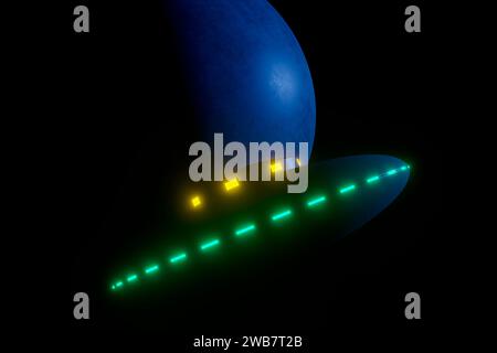 Ein nicht identifiziertes leuchtendes Flugobjekt in Form einer Untertasse fliegt in unbekannter Richtung. Stockfoto