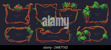 Satz Lianenzweige mit grünen Blättern, Blumen isoliert auf schwarzem Hintergrund. Vektor-Karikaturillustration der verdrehten Dschungelpflanze Reben mit Laub, Spielgrenzen für ui-Design, tropischer Garten Stock Vektor