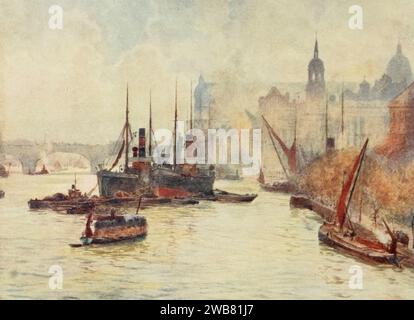 Blick von der Tower Bridge auf die Kirche St. Magnus und London Bridge in der Ferne. Herbert Menzies Marshall 1905 (* 1. August 1841 bis 2. März 1913) war ein englischer Aquarellmaler und Illustrator und früher Cricketspieler. Stockfoto