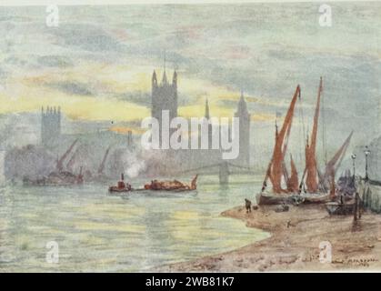 Houses of Parliament from Lambeth Painting von Herbert Marshall, 1905 Herbert Menzies Marshall (1. August 1841 – 2. März 1913) war ein englischer Aquarellmaler und Illustrator und früher Cricketspieler. Stockfoto