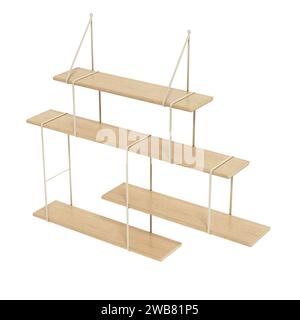 Wandregale aus Holz isoliert auf weißem Hintergrund. 3D-Abbildung. Stockfoto