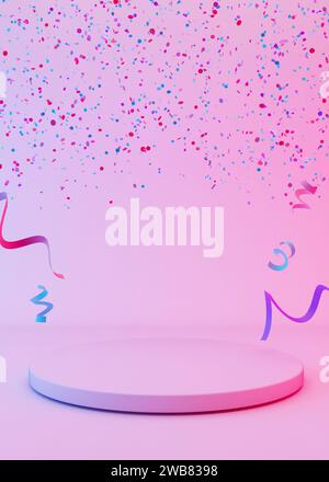 Minimalistisches Podium mit fallendem Konfetti und Neonlicht. Modernes Podium für Produkt-, Kosmetikpräsentation. Mock-Up. Sockel oder Plattform für Schönheit Stockfoto
