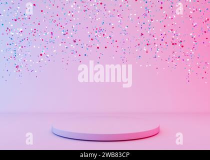 Minimalistisches Podium mit fallendem Konfetti und Neonlicht. Modernes Podium für Produkt-, Kosmetikpräsentation. Mock-Up. Sockel oder Plattform für Schönheit Stockfoto