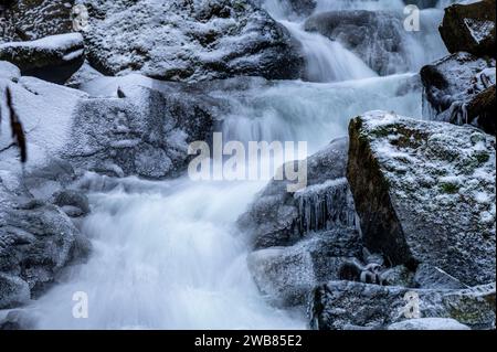 Szepit-Wasserfall am Hylaty-Fluss im Dorf Zatwarnica. Bieszczady Mountains, Polen. Stockfoto