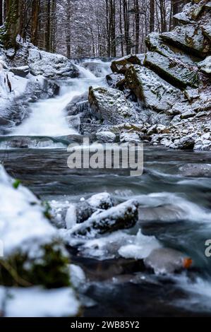 Szepit-Wasserfall am Hylaty-Fluss im Dorf Zatwarnica. Bieszczady Mountains, Polen. Stockfoto