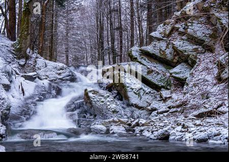 Szepit-Wasserfall am Hylaty-Fluss im Dorf Zatwarnica. Bieszczady Mountains, Polen. Stockfoto