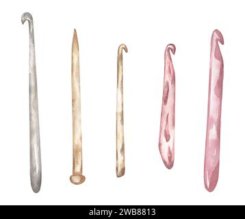 Handgezeichnete Aquarellstrickelemente Illustration, Kunsthandwerk und Hobbys Clipart, Häkelhaken und Strick Spoke ClipArt Stockfoto