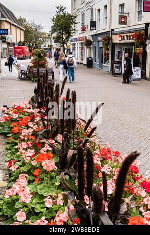 Dekorative Blumenbeete in der Pydar Street im Stadtzentrum von Truro in Cornwall, Großbritannien. Stockfoto