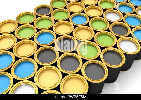 Satz offener Metallbehälter oder Eimer Farbe in Reihenmuster auf weißem Hintergrund. 3D Rendering von Sanierungskonzept und Innenarchitektur Stockfoto