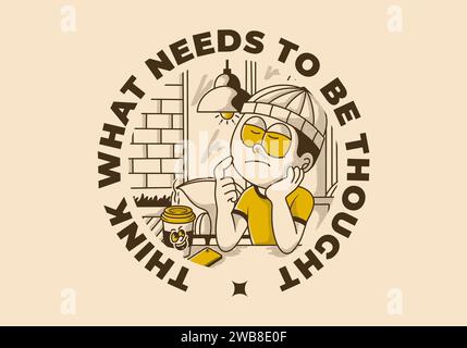 Denken Sie darüber nach, was gedacht werden muss. Eine alte Illustration eines Jungen im Café denkt an etwas Stock Vektor