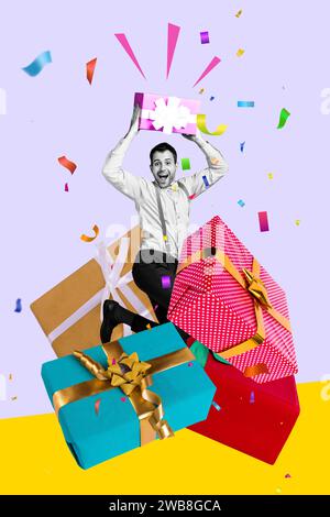 Vertikale festliche Fotocollage des überfröhlichen Mannes in formeller Kleidung springen Geschenk mit erhobenen Händen unter einem Haufen von großen Geschenkboxen Shop-Verkauf Stockfoto