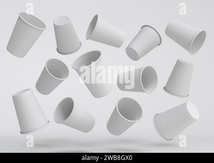 Set aus Einweg-Partybecher aus Kunststoff, isoliert auf einfarbigem Hintergrund. 3D Gläser zum Mitnehmen für Saft, frisches Bier Stockfoto