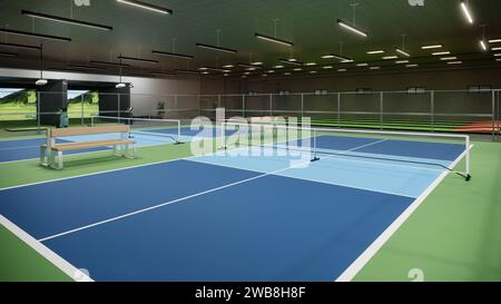 Indoor-Pickleball-Platz mit blauer und grüner Sportkomplex 3D-Rendering-Illustration Stockfoto