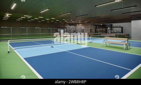 Indoor-Pickleball-Platz mit blauer und grüner Sportkomplex 3D-Rendering-Illustration Stockfoto