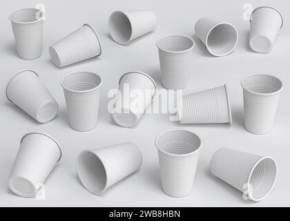 Set aus Einweg-Partybecher aus Kunststoff, isoliert auf einfarbigem Hintergrund. 3D Gläser zum Mitnehmen für Saft, frisches Bier Stockfoto