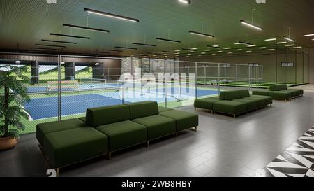 Indoor-Pickleball-Platz mit blauer und grüner Sportkomplex 3D-Rendering-Illustration Stockfoto