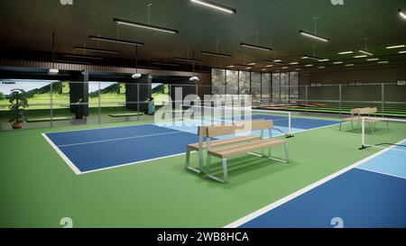 3D-Rendering für das Innere der Pickleball-Court-Illustration Stockfoto