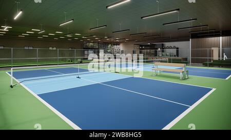 3D-Rendering für das Innere der Pickleball-Court-Illustration Stockfoto