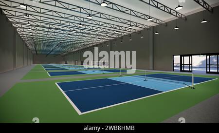 3D-Rendering für das Innere der Pickleball-Court-Illustration Stockfoto