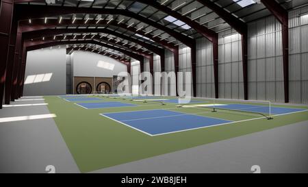 Indoor Pickleball Court im Lagergebäude in Grün und Blau Stockfoto