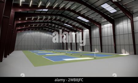 Indoor Pickleball Court im Lagergebäude in Grün und Blau Stockfoto