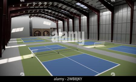 Indoor Pickleball Court im Lagergebäude in Grün und Blau Stockfoto