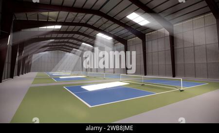 Indoor Pickleball Court im Lagergebäude in Grün und Blau Stockfoto